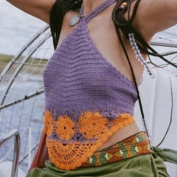 NWT ZARA Crochet Knit Halter Top Size Medium Purple Orange - Picture 4 of 7